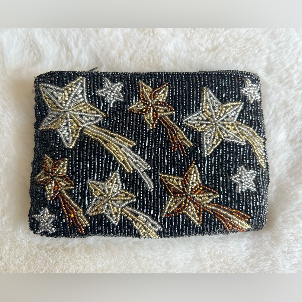 Neiman Marcus Beaded Star Clutch / Coin Pouch Black Gold Handmade Evening Wallet